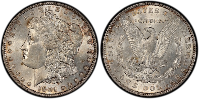 Side-by-side comparison of 1901 Morgan dollar VAM-3 Shifted Eagle reverse (right) versus normal reverse (left), showing doubled tail feathers and shifted eagle position