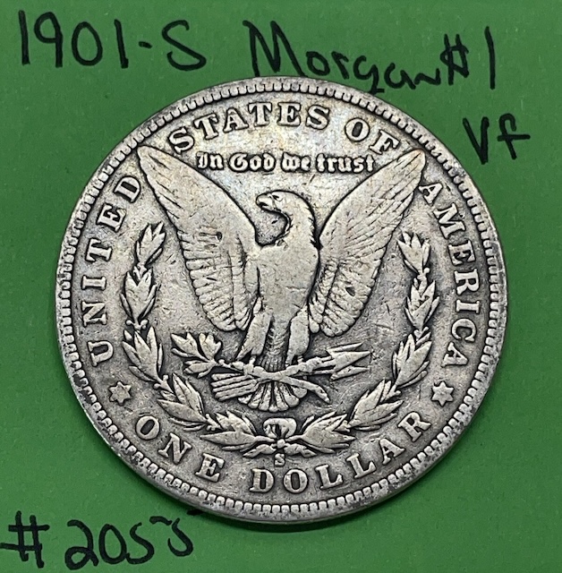 1901-S Morgan dollar VAM-14 Slanted Date close-up showing the right '1' digit sitting noticeably higher than the left '1' in the date