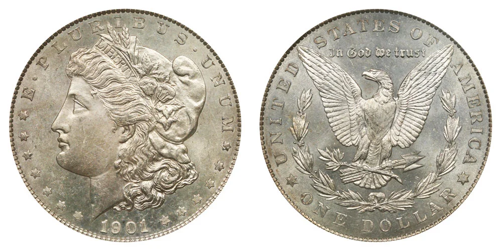 Group shot of all three 1901 Morgan Silver Dollar varieties: Philadelphia (no mint mark), New Orleans (O), and San Francisco (S)