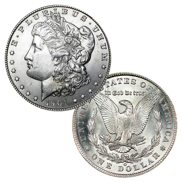 1901 Morgan dollar grading strip showing four condition tiers: Worn (G-4), Circulated (VF-20), About Uncirculated (AU-55), and Uncirculated (MS-63)